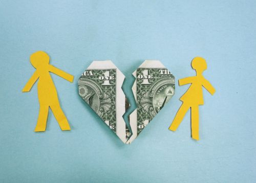 Alimony - Split Heart-Shaped Dollar Bill and Paper Doll Couple - Ashley Wood Law, P.C.