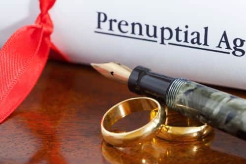 Prenuptial agreement papers with wedding bands - Ashley Wood Law, P.C.